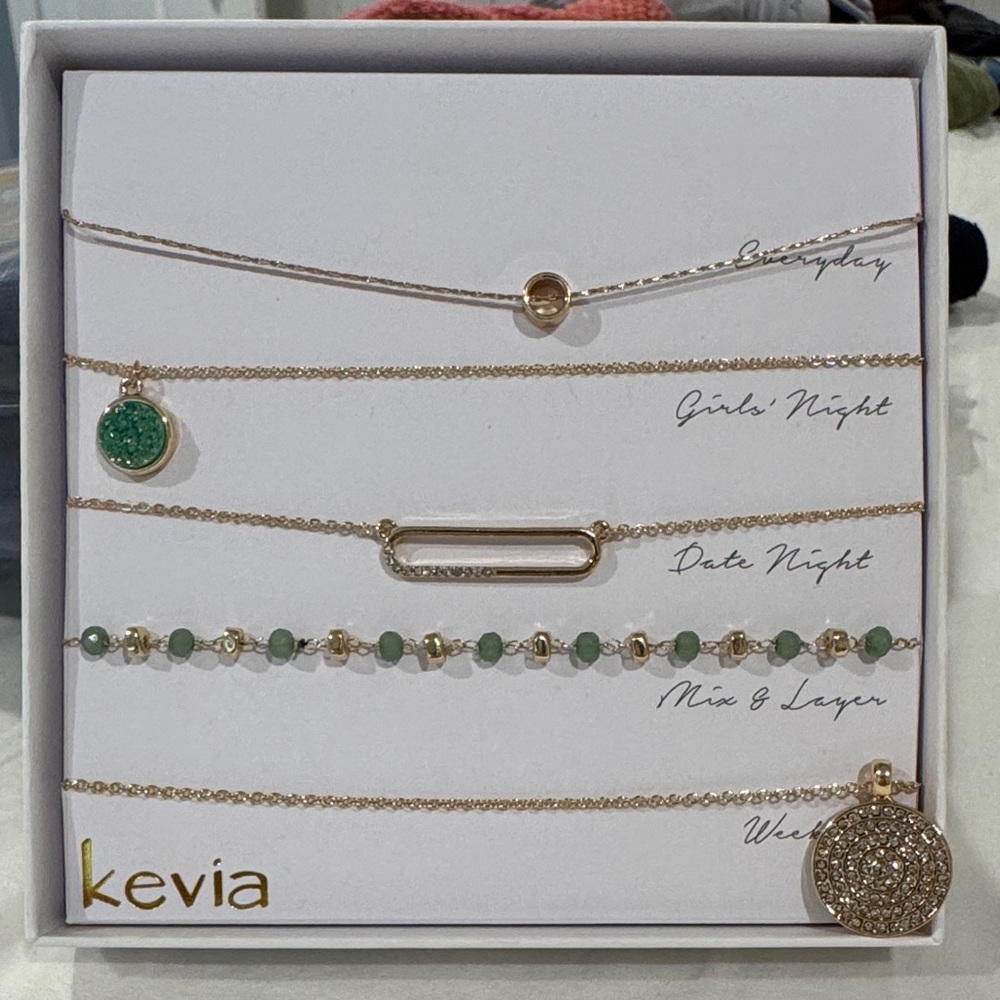 Gold and Green Layered 5 Piece Necklace Set